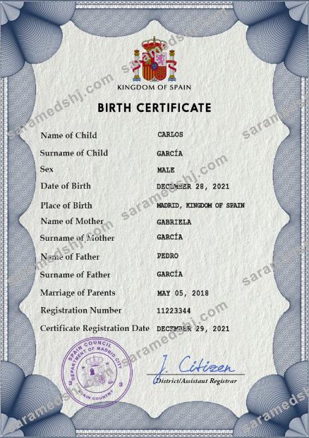 Spain vital record birth certificate PSD template, fully editable